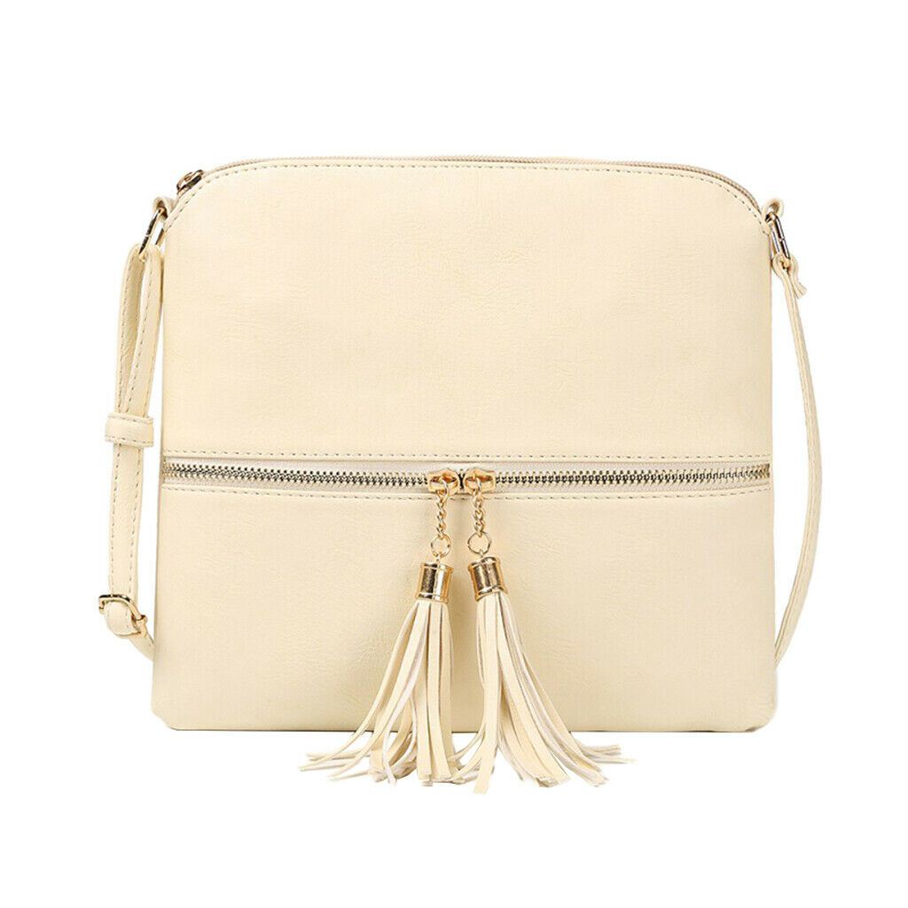 Women's PU Leather Tassel Zipper Bag Shoulder Messenger Bags Creamy