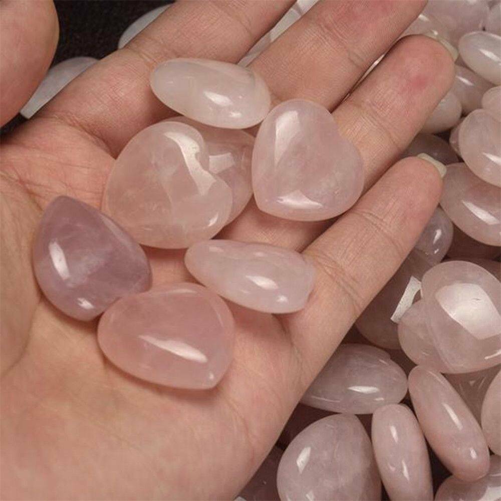 Natural Pink Rose Quartz Crystal Carved Heart Shaped Love Palm Healing Gemstones