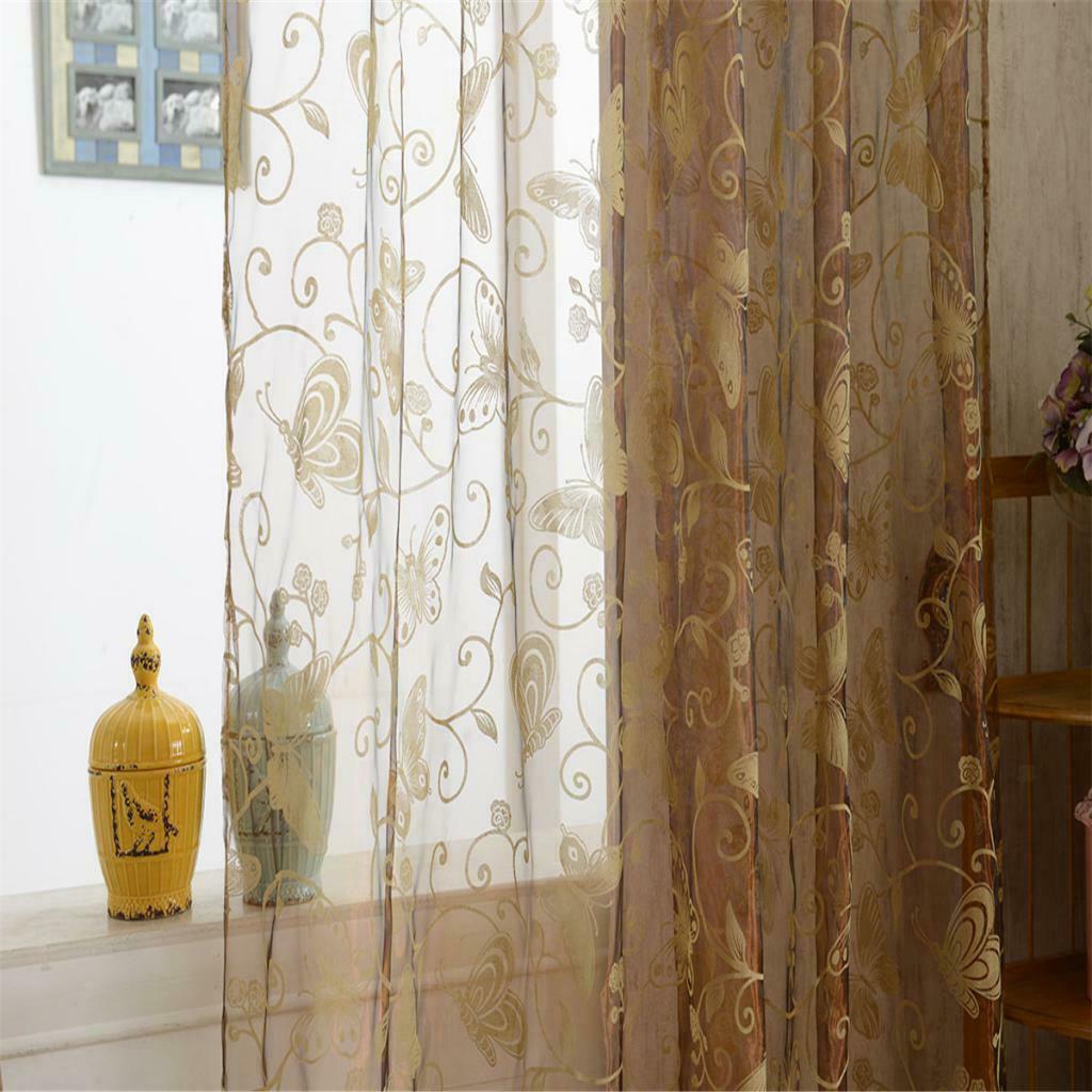 Flocking Voile Curtain Grommet Window Panel Butterfly  Coffee 200x250cm