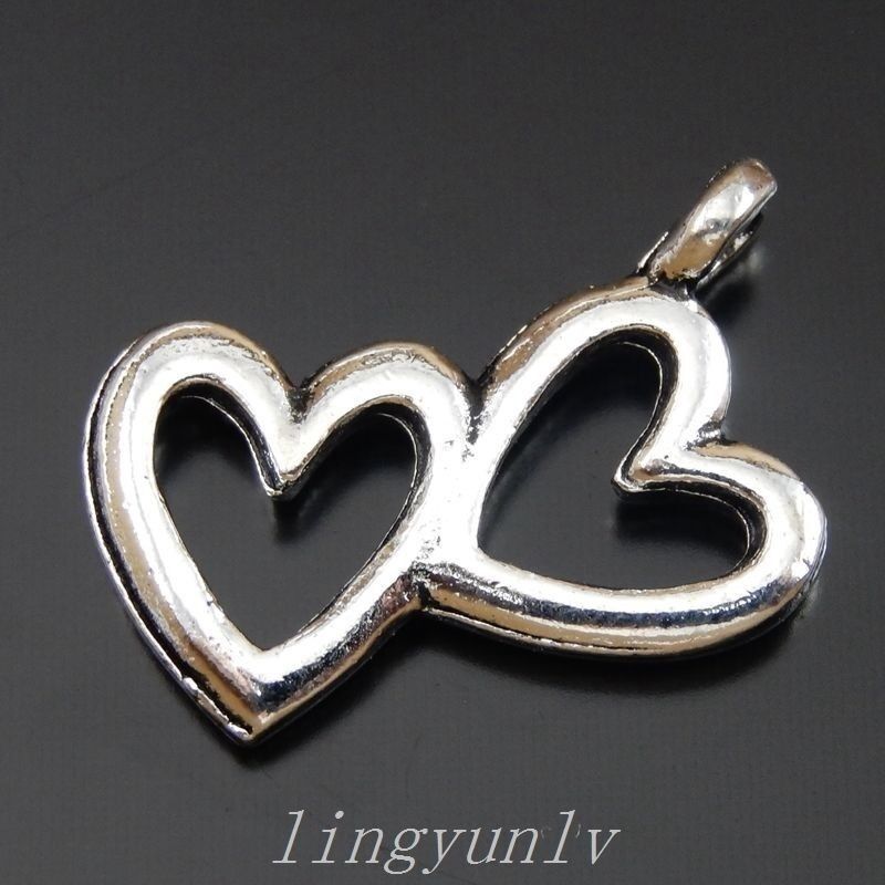 25 Retro Sliver Bracelet Charm Heart Hollow Alloy Pendant Craft Jewelry 19*12mm