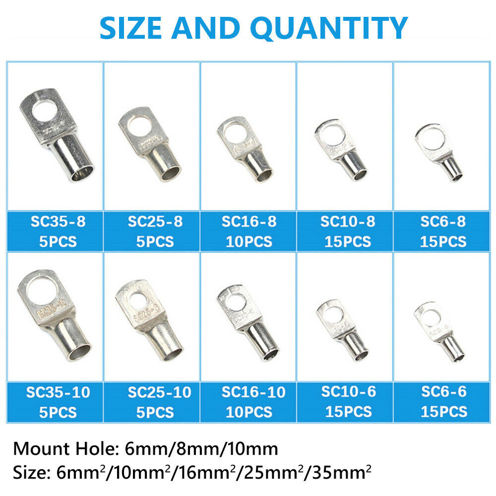 100Pcs Battery Copper Cable Lugs Electrical Wire Connectors Crimp Ring Terminals