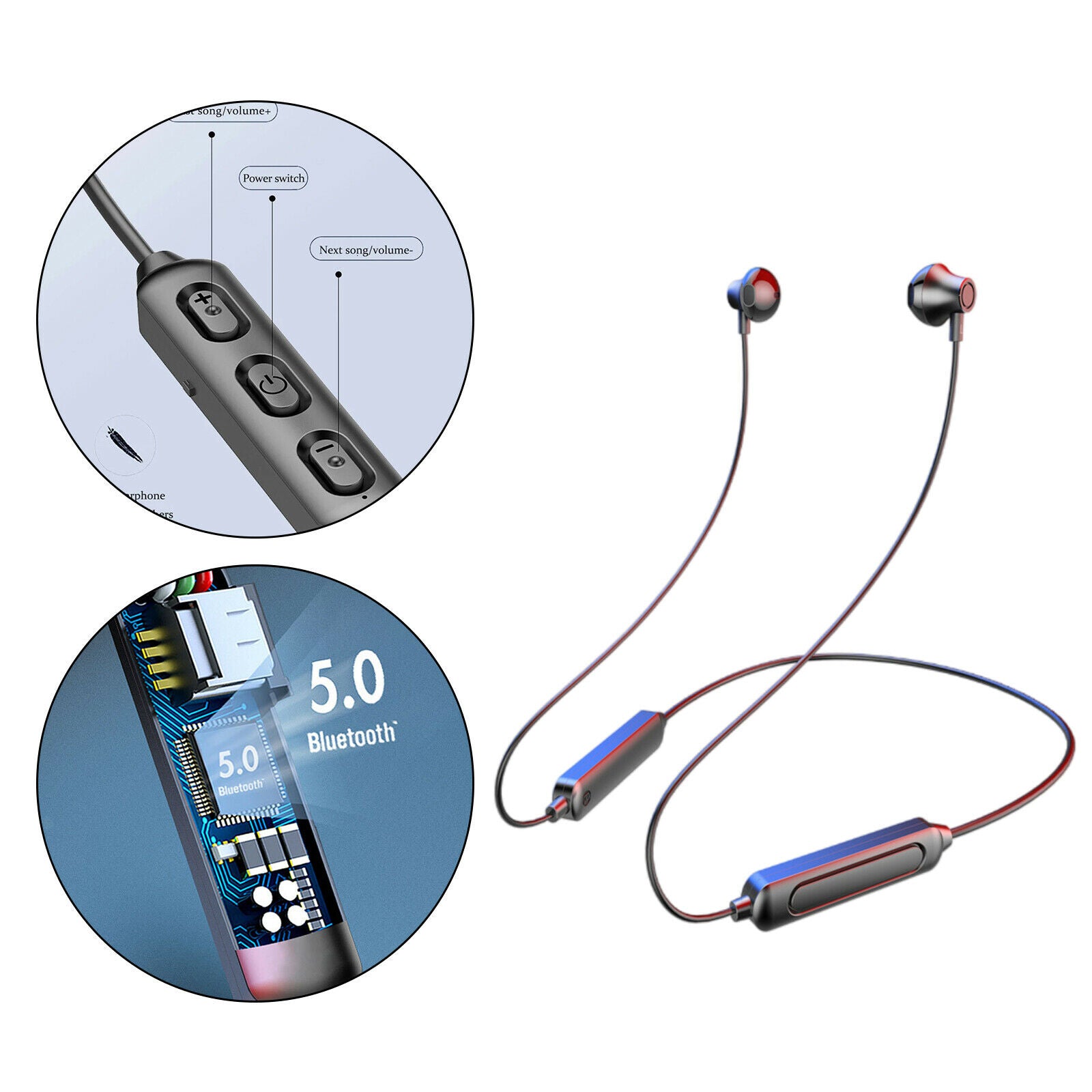 Neckband Headset Retractable with Mic for Mobile Phone Music Running Black