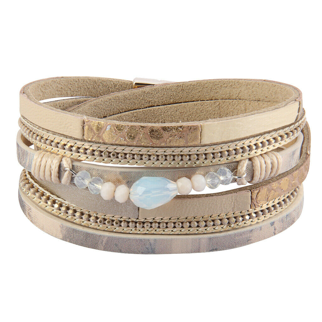 Boho Multi-layer PU Leather Bracelet Bangle Cuff with Rhinestone Light Brown
