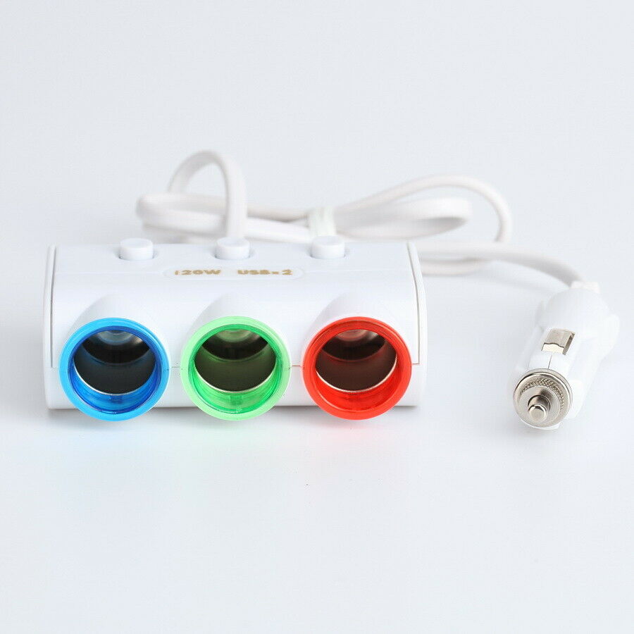 1 x 3 Way 120W White Car USB Cigarette Lighter Socket Splitter Charger Adapter