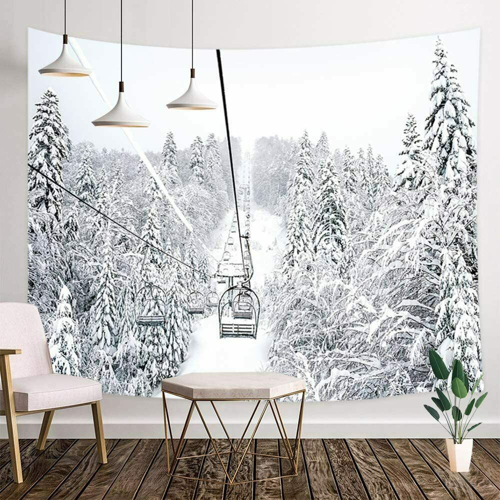 Winter Skiing Tapestry, Old Cable Ski Lift in Winter Snow Mountain Wall Tapestry