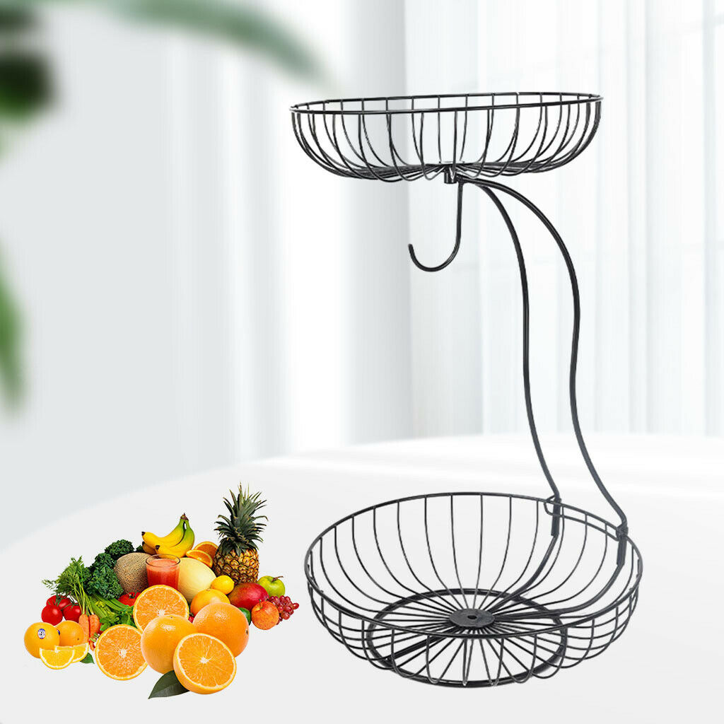 Home Iron Wire 2 Tier Fruit Basket Holder Bread Bowl Countertop Storage Rack