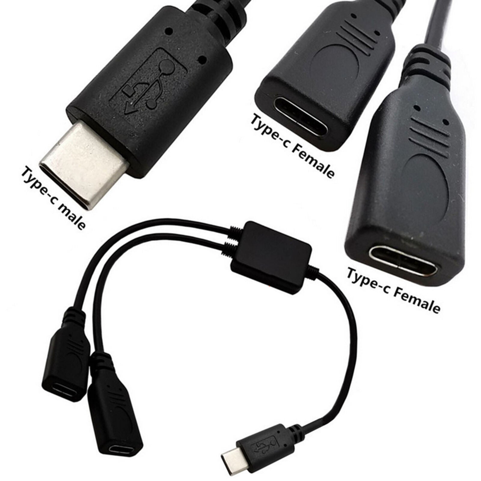 Type C USB 3.1 Angled Male to 2 Female Extension Data Charger Cable Y Splitter