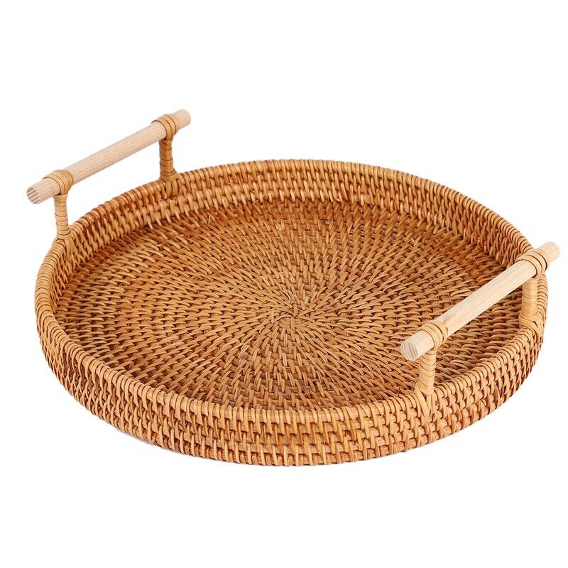 Rattan Storage Tray, Round Basket with Handle, Hand-Woven, Rattan Tray Wicker R6