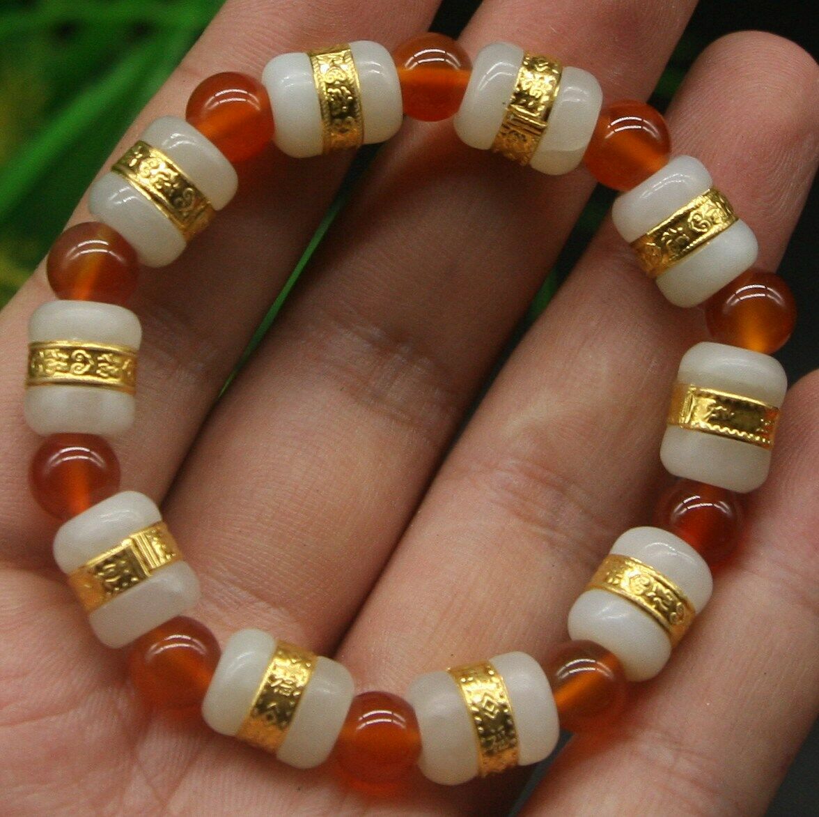 Fashion Natural Hetian Jade Carved With 8mm Red Agate beads Bracelet AA++