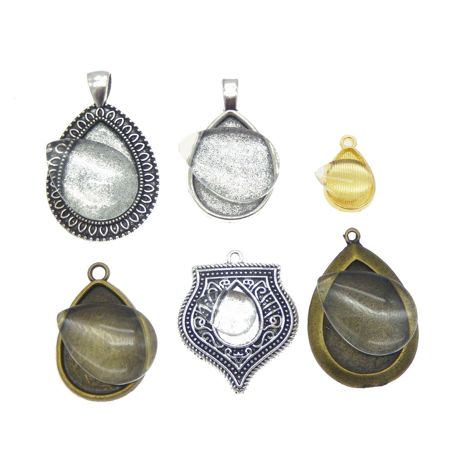 5 Mix Metal Base Settings with Glass Cabochons Teardrop Pendant DIY Photo Frame