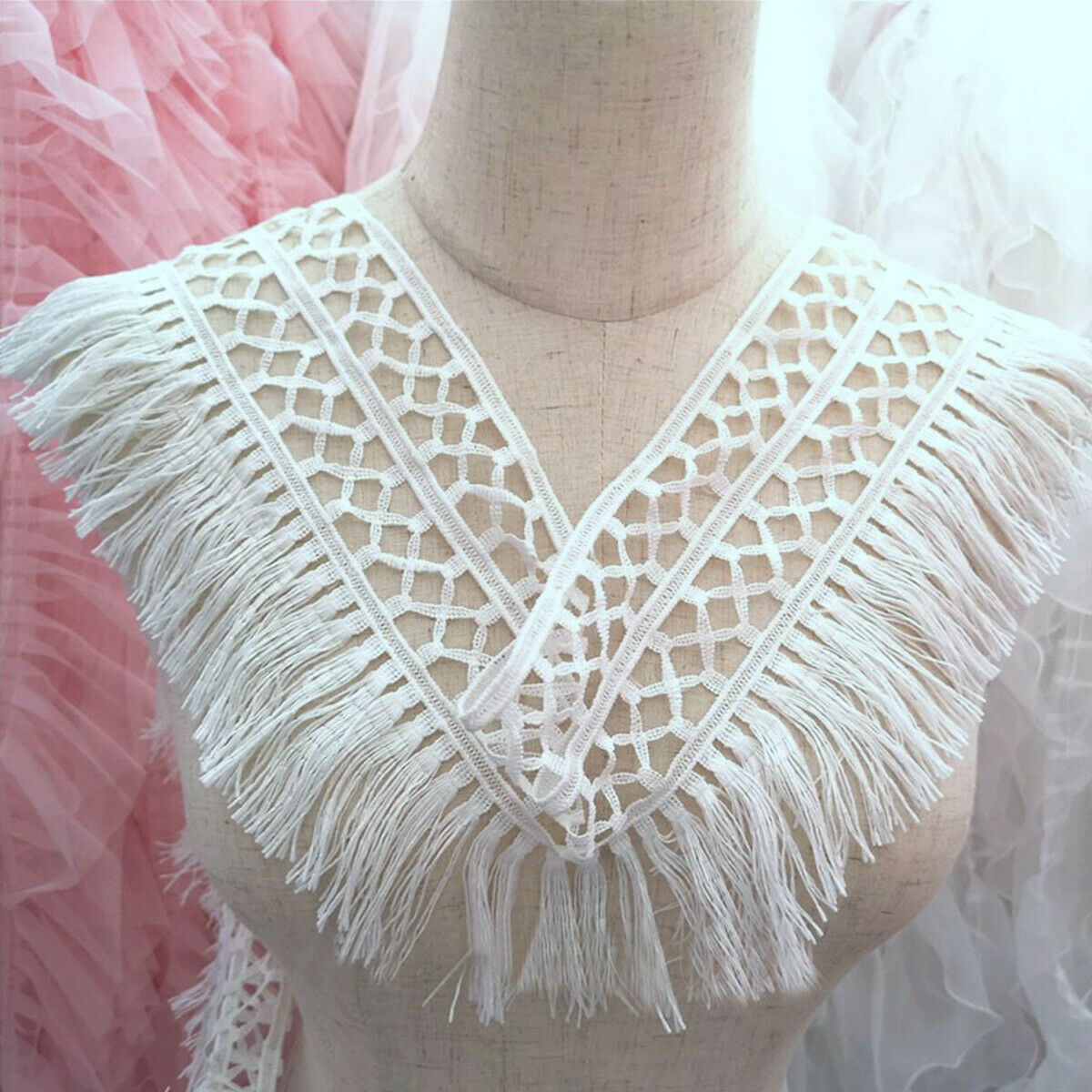 1M Hallow Tassel Venise Lace Fringe Applique Lace Collar Sewing DIY Trim Craft