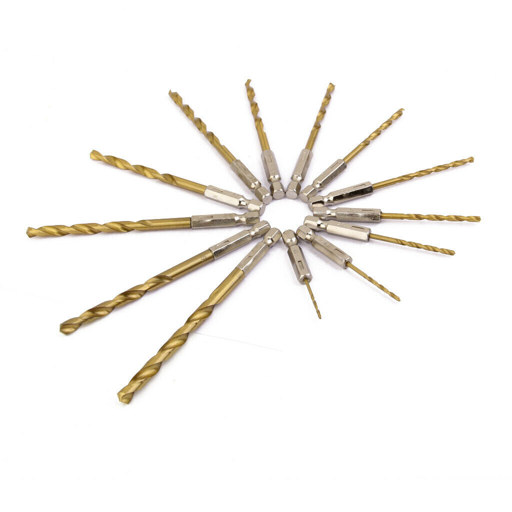 13PC HSS HIGH SPEED STEEL TITANIUM COATED TWIST DRILL BIT SET 1/4" HEX SHANK
