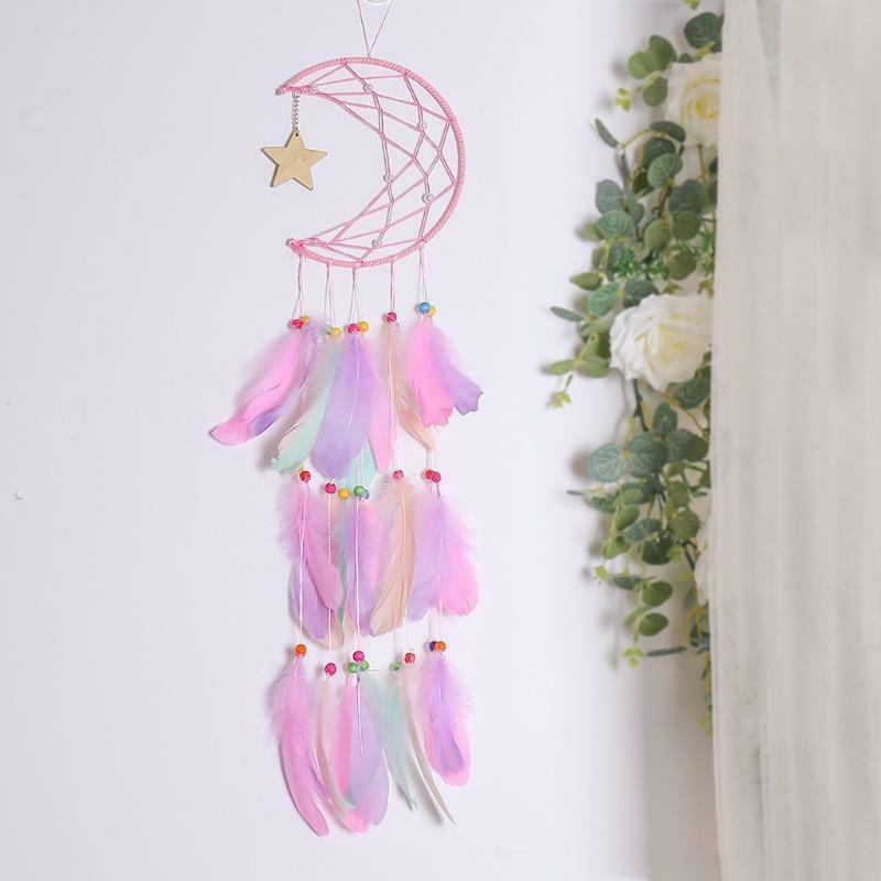 Moon Star Dream Catcher with Feather Handmade Dreamcatcher for Boho Wall Hanging