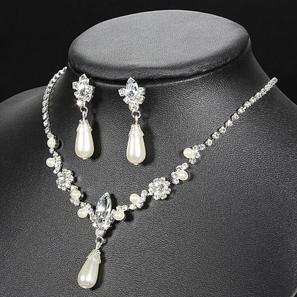Fashion Wedding Faux Pearls Rhinestone Necklace Water Drop Earring Jewelr.l8