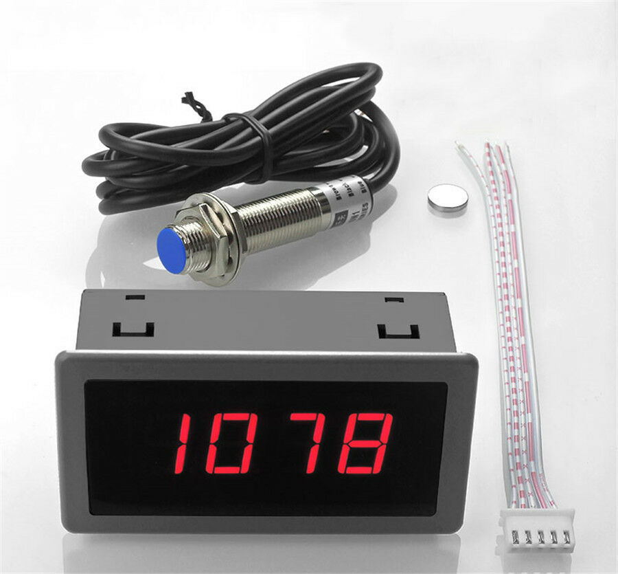4 Digital Red LED Tachometer +Pusle Signal NPN Proximity Switch Sensor 3 Wires