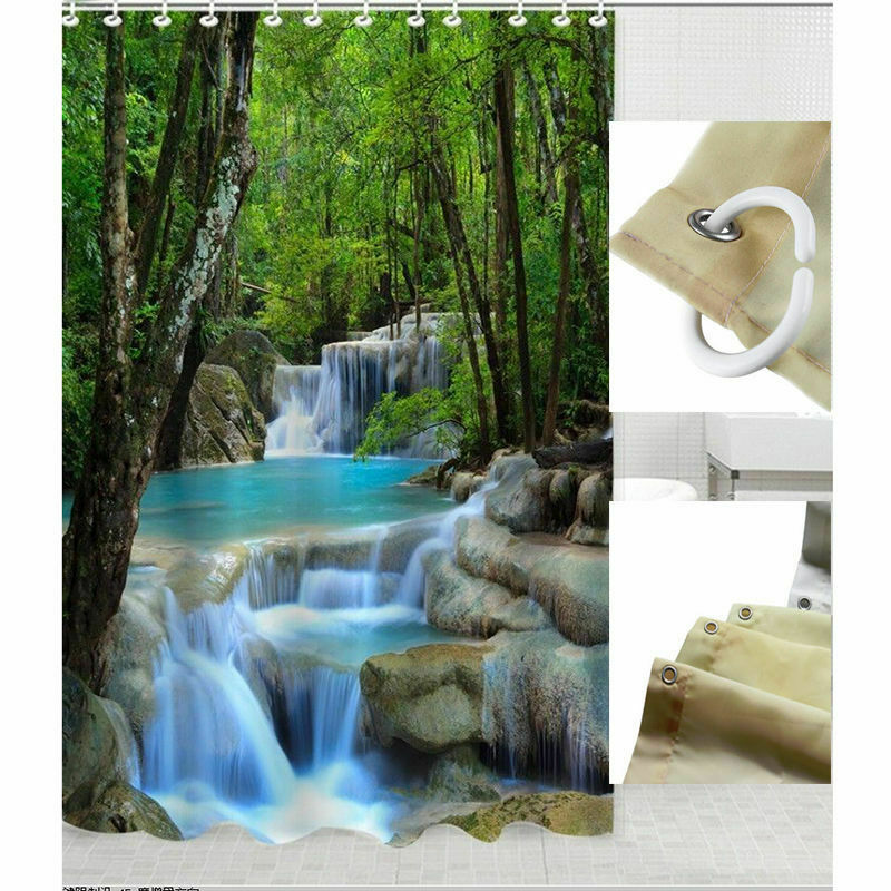 Polyester Waterfalls Nature Landscape Shower Curtain Hook Set Washable