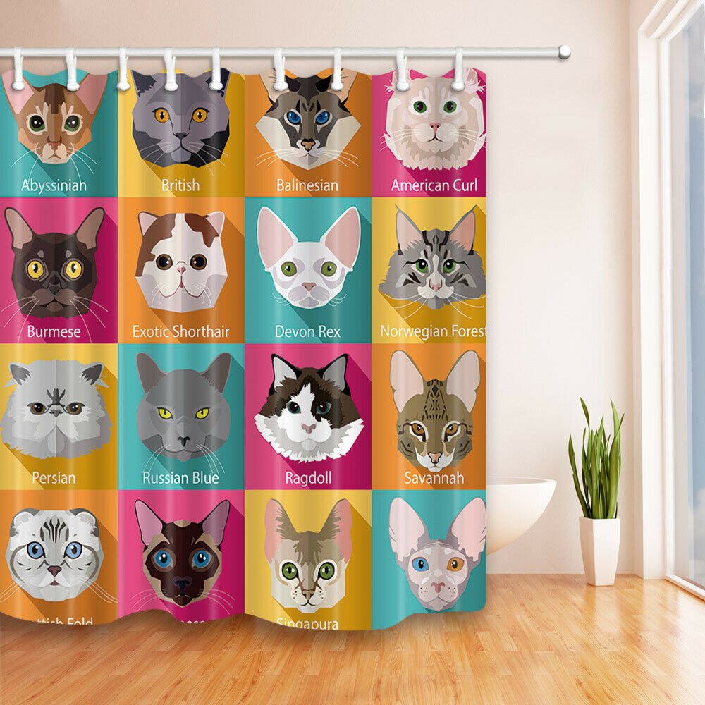 Different Kinds of Cats Fabric Bathroom Shower Curtains & Hooks 71Inch