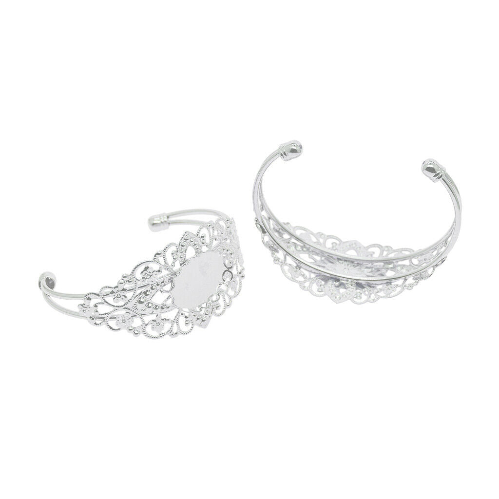 2 Pcs Filigree Flower Adjustable Bangle Blank Bezel Base Settings Bracelet