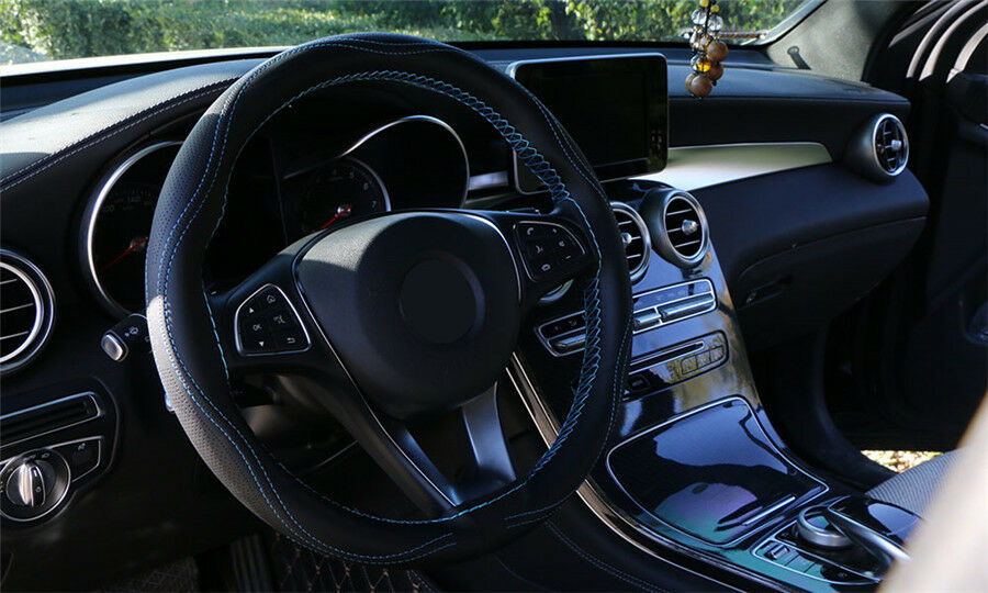 Black+Orange Line Fiber Leather Anti-Slip Car Steering Wheel Cover Protect Case