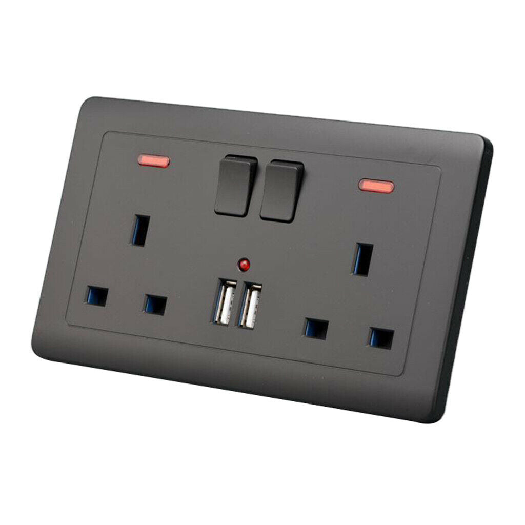 2 Gang 13A British Wall Switch Double Sockets with 2 Ultra USB Outlet Black