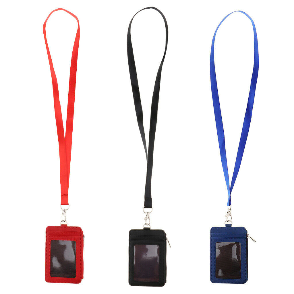 3Pack 2 Sided PU Leather Card Badge Holder with Zip Neck Strap Wallet Case