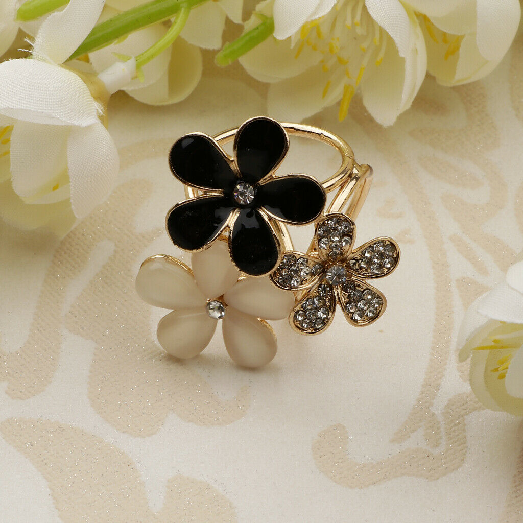 Women Flower Shape Crystal Enamel Scarf Buckle Ring Clip Scarf Jewelry 2Pcs