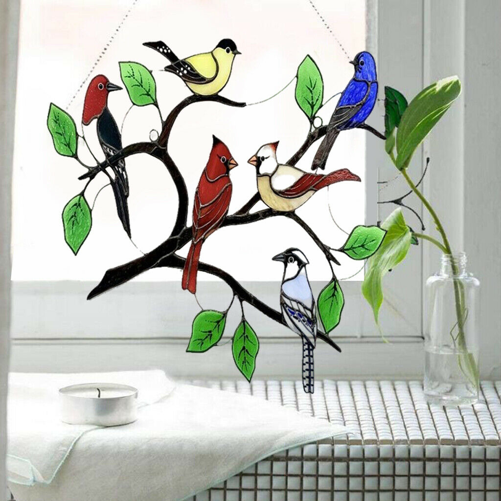 Lovely Stained Glass Birds-On-Branch Window Panel Hanging Suncatcher decor