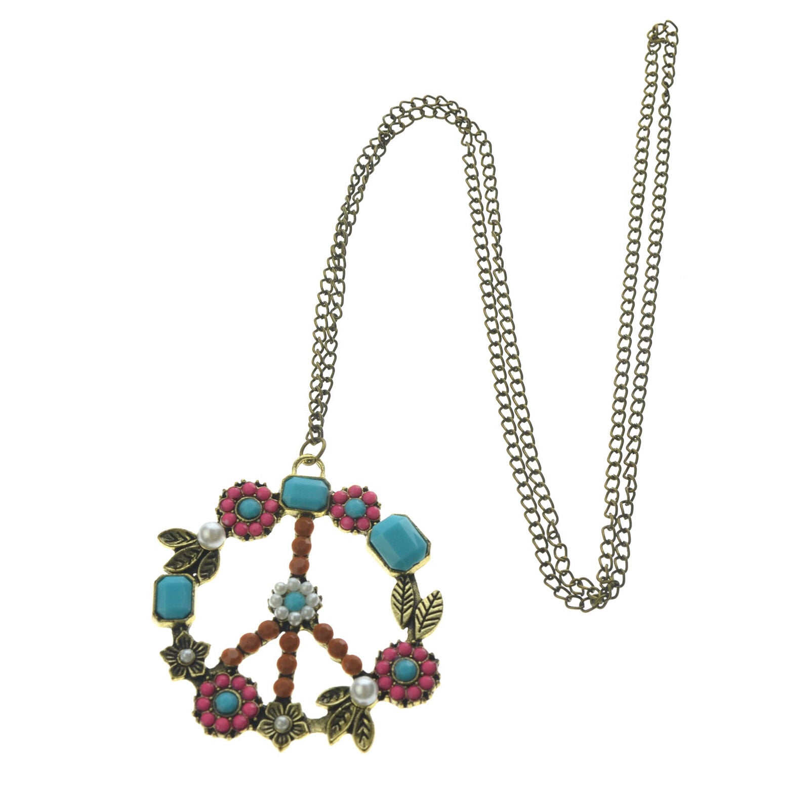 Retro Floral Peace & Love Sign Boho Hippie Pendant Long Statement Necklace Chain