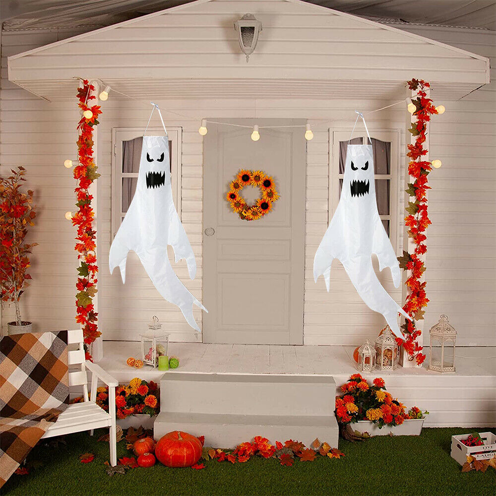 2 Pcs Halloween Ghost Windsocks with LED Light Spooky Hanging Flag Decorations