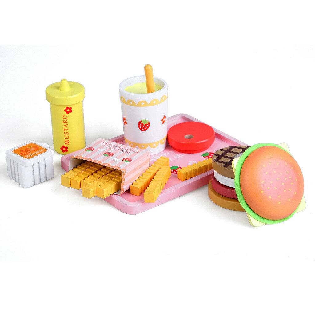 Kitchen Wooden Hamburger French Fries Food Toys Set for Kids Pretend Play