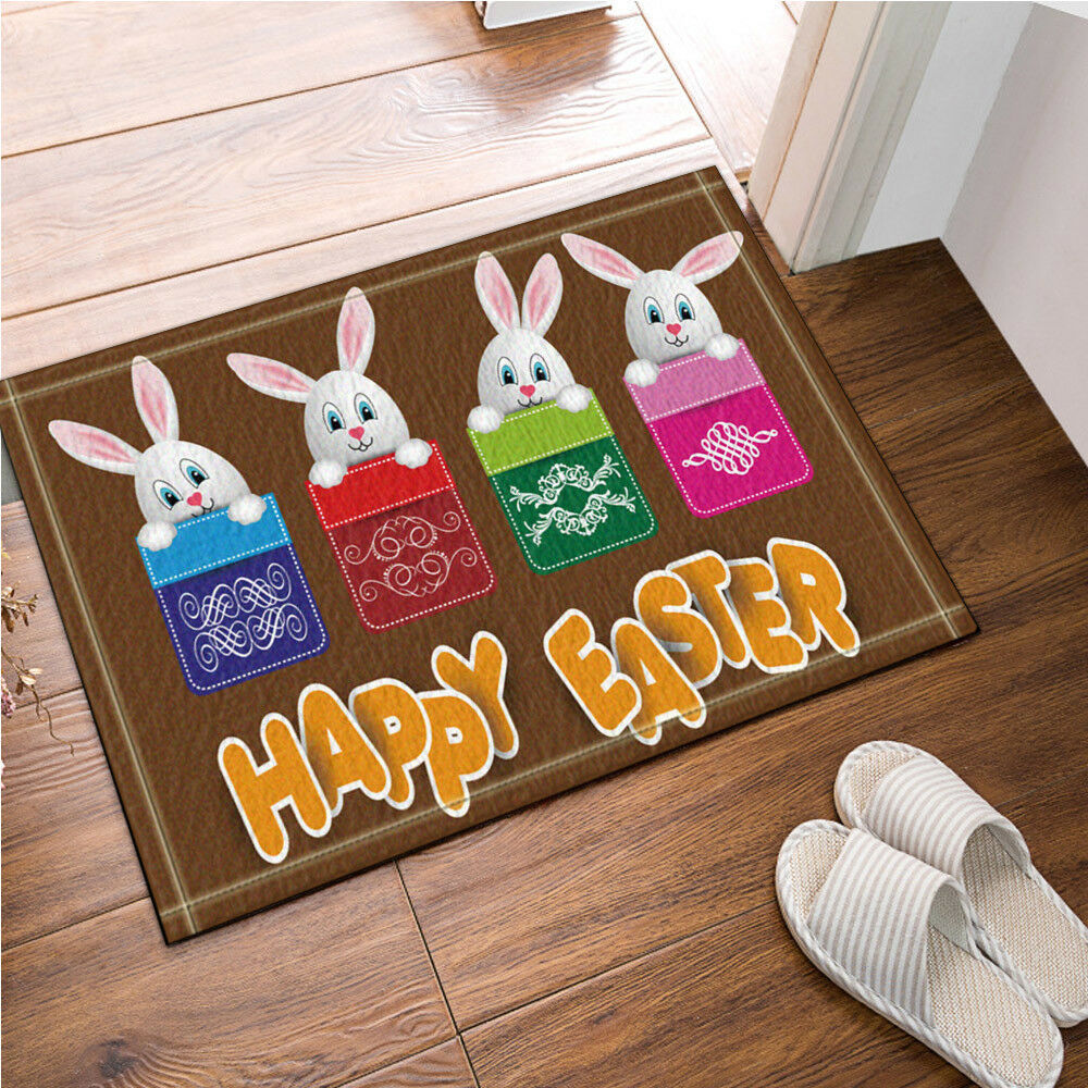 Happy Easter Rabbit Flanne Bathroom Rug Non-Slip Floor Indoor Door Mat 16x24"