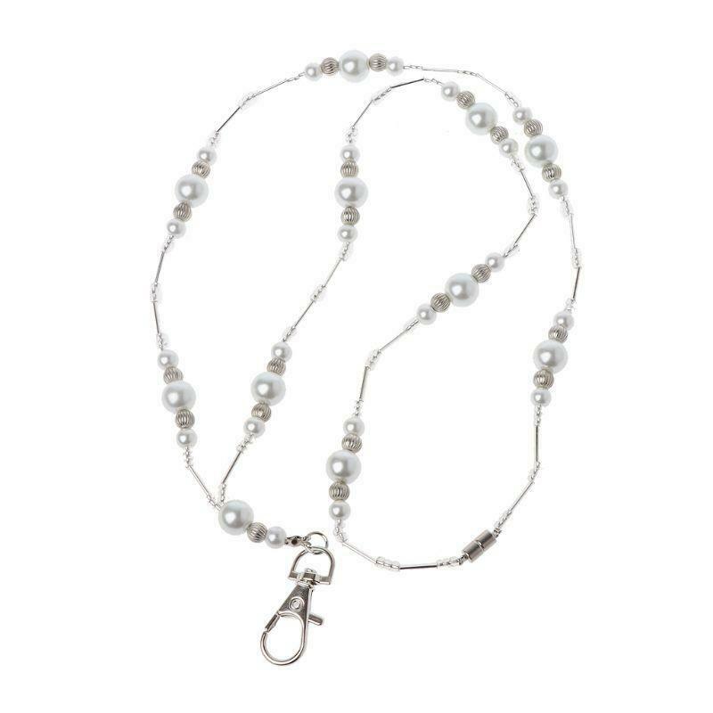 Hidden Hollow Beads White Pearls Beaded Lanyard ID Badge Holder Pendant Necklace