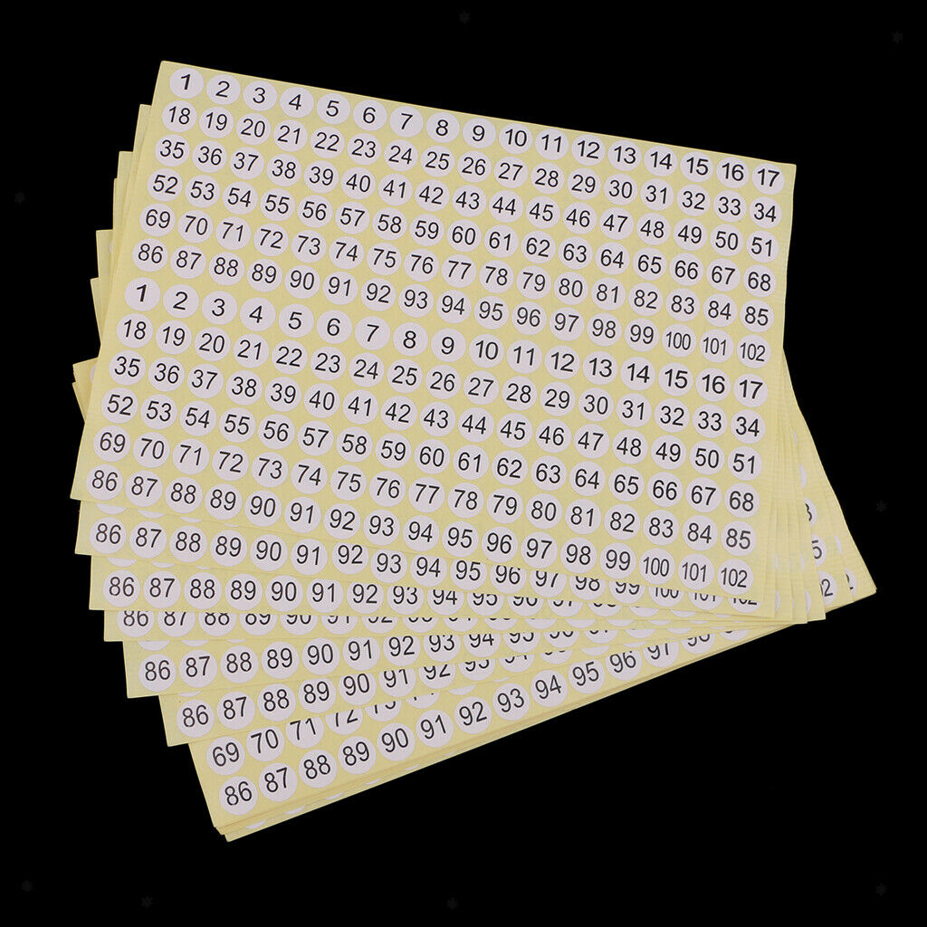 15   Sheets   Round   Sticky   Numbered   Labels   1 - 102   Self   Adhesive