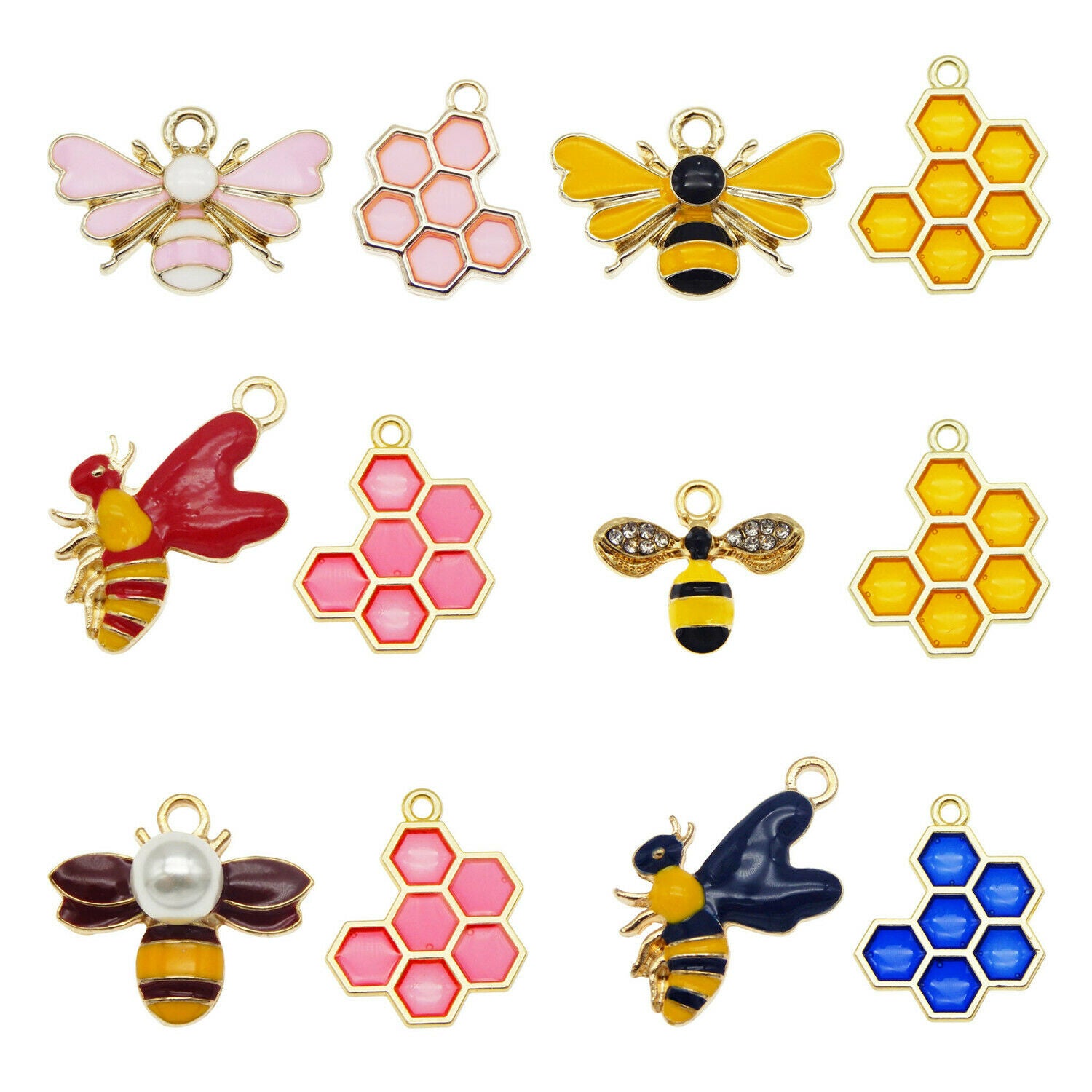12 PCS Assorted Honeycomb Enamel Charm Bee Pendant for Bracelet Necklace Craft