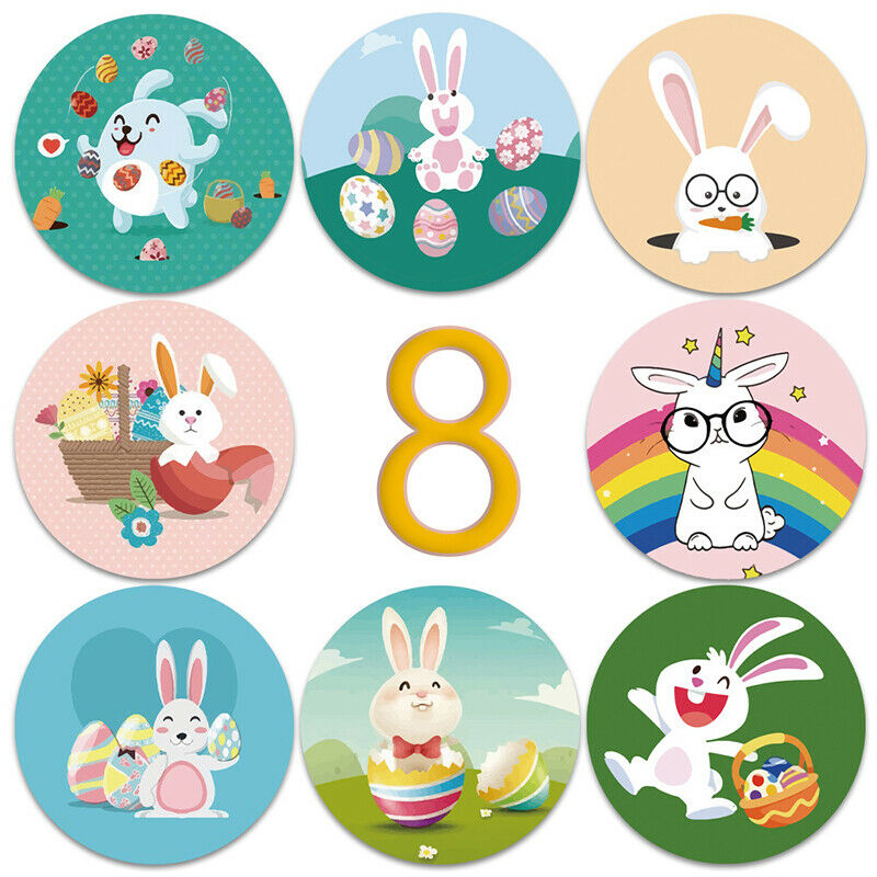 500pcs/roll Round Rabbit Bunny Happy Easter Stickers For Gift B.l8