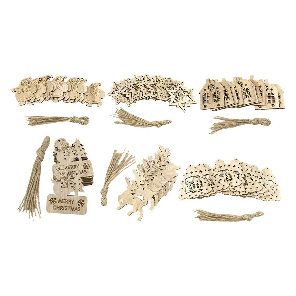 62 Pieces Christmas Wooden Ornaments Unfinished 6 Styles Wooden Cutouts with