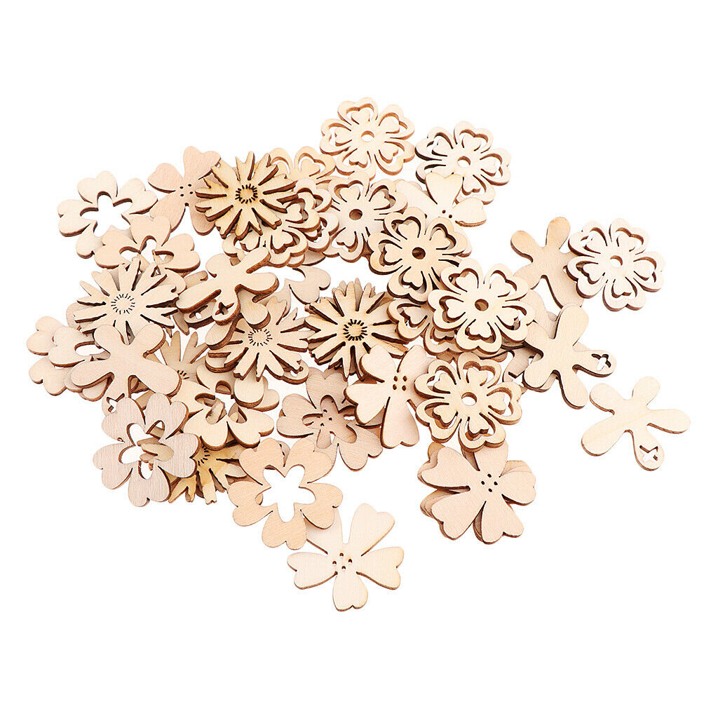 50pcs Chic Wood Buttons Cutout Flowers Shapes Wooden Craft DIY Scrapbooking