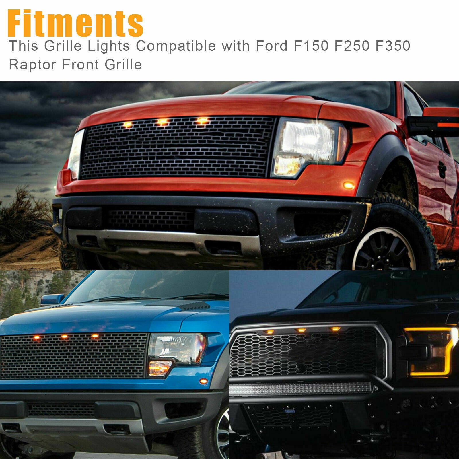 3X Amber Smoked LED Front Grille Grill Running Lights For Ford F150 Raptor Style