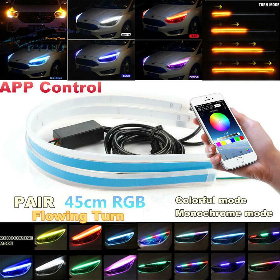 2x RGB Sequential Strip DRL Daytime Running w/APP Bluetooth Remote Control 45CM