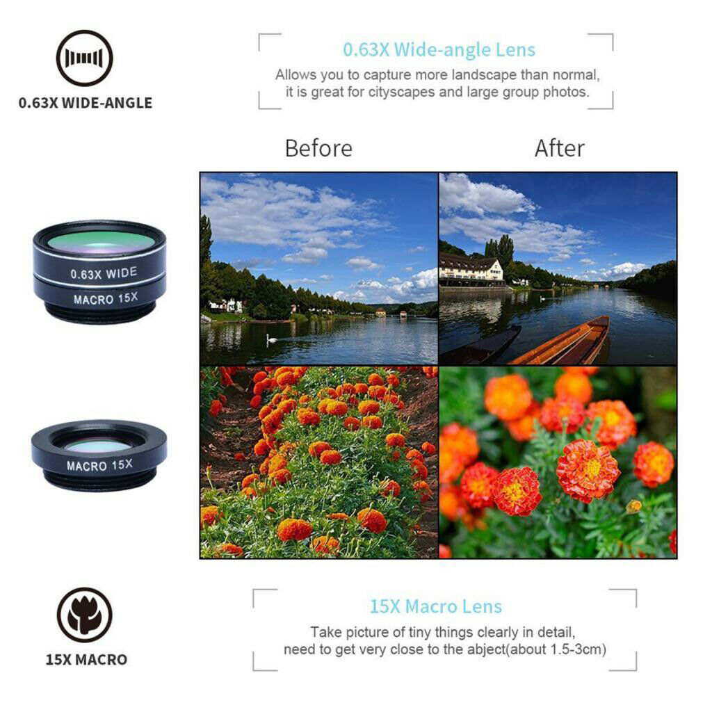 Universal 7 In 1 Mobile Phone Clip Lens Fish Eye Wide Angle For Smartphone