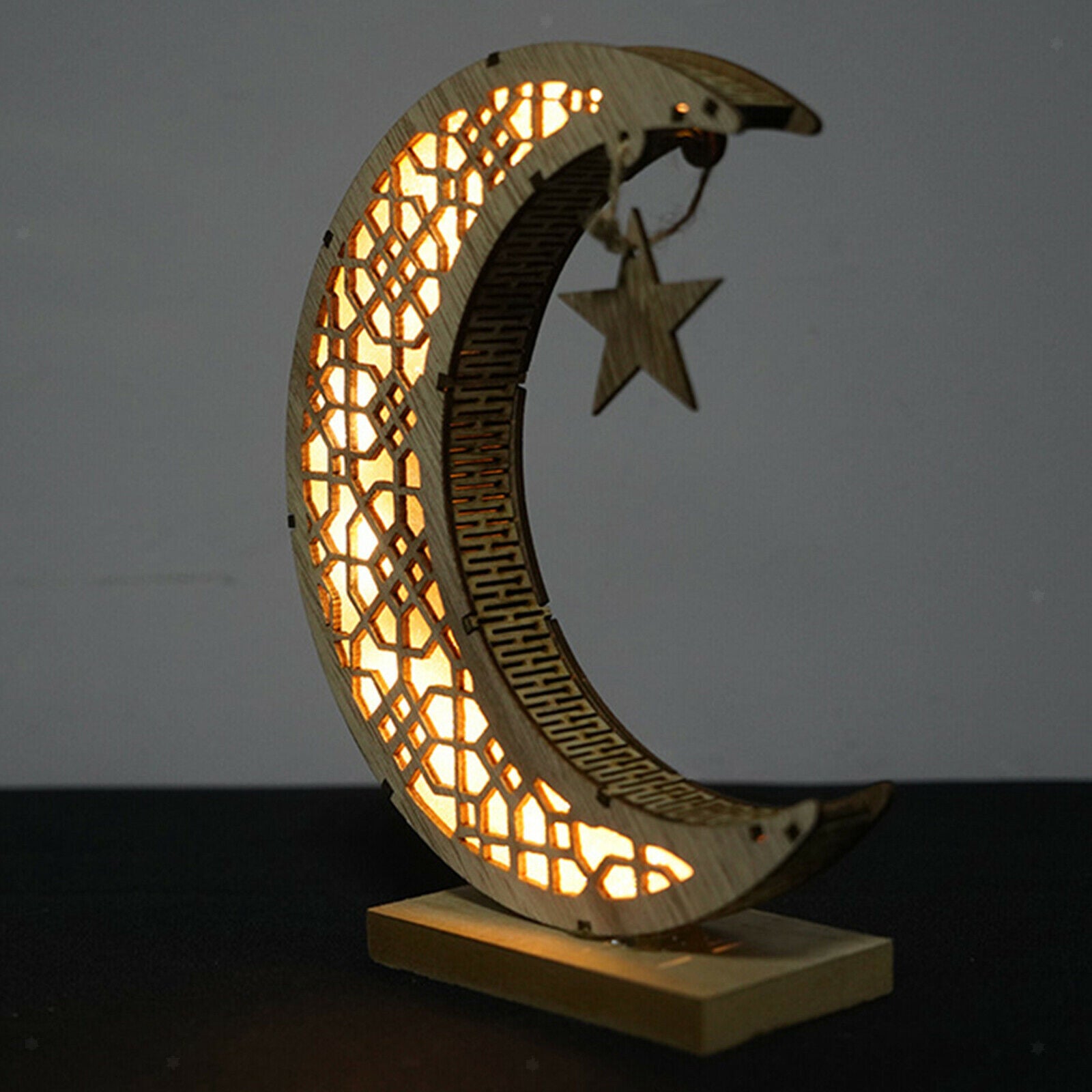 Wooden Ramadan Decorations Moon Shaped Lamp Tabletop Festival Party Supplies