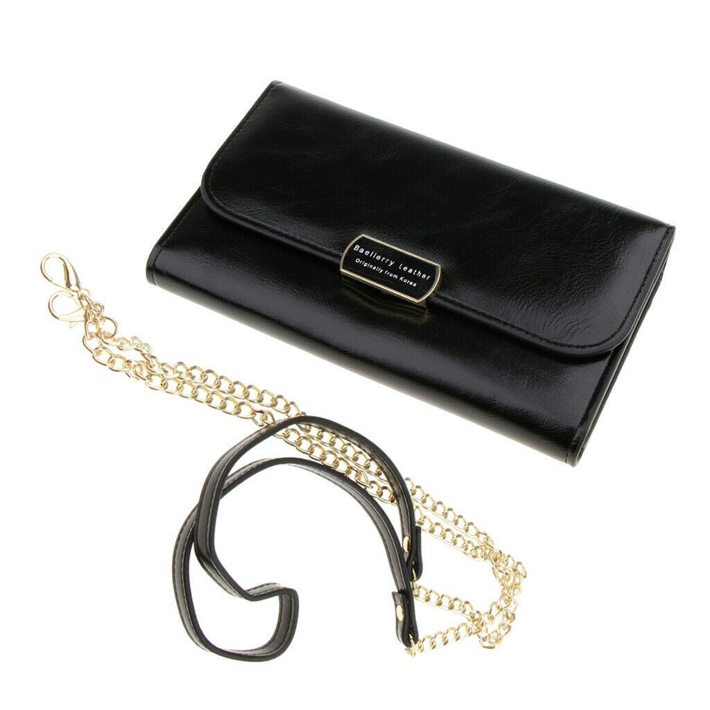 Women PU Leather Clutch Wallet Purse Evening Cross Body Handbag Black
