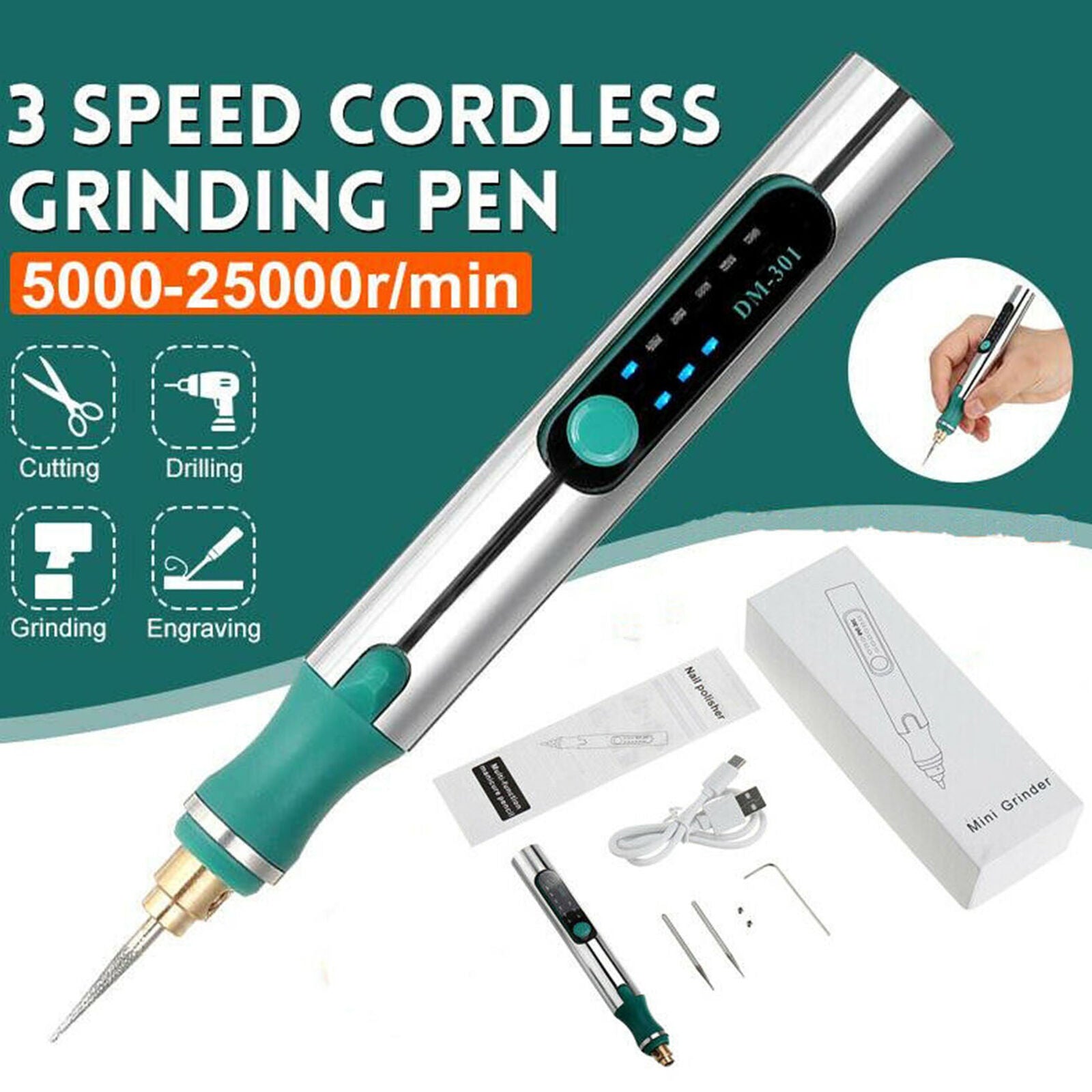 Cordless 25000RPM Electric Grinder Pen Variable Speed Engraving DIY Rotary Tool