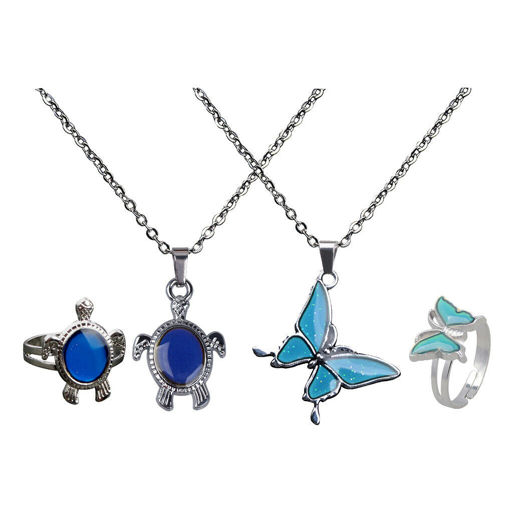 2 Sets Butterfly Color Change Mood Emotion Necklace Ring Jewelry Set Mood