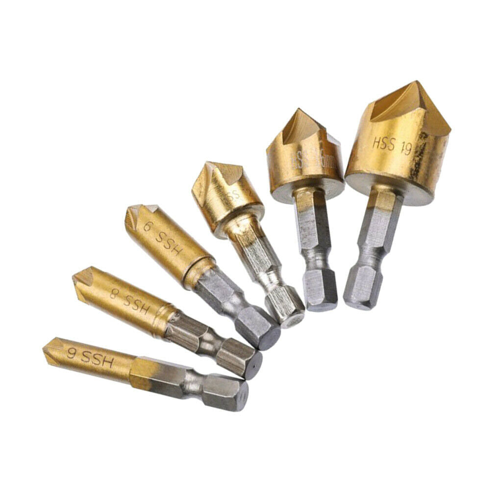 6pcs 90° HSS 5 Flute Durable Countersink Drill Bit Chamfer Cutter 6mm-19mm