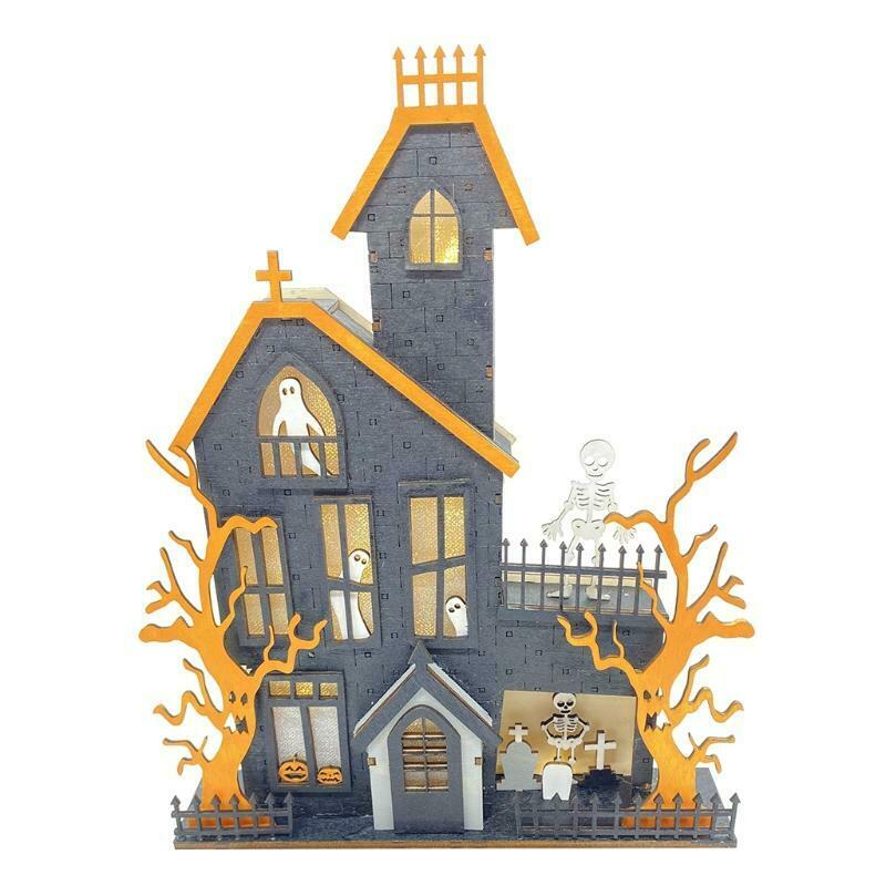 Halloween Table Decorations Wooden Haunted House Ghost Sign with LED Light Decor