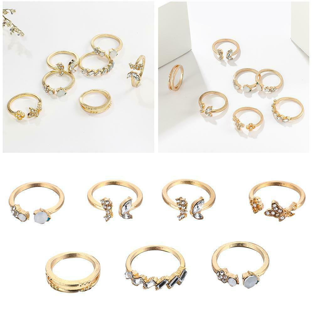 7pcs/set Rhinestone Butterfly Flower Ring Women Open Knuckle Rings Jewelry @
