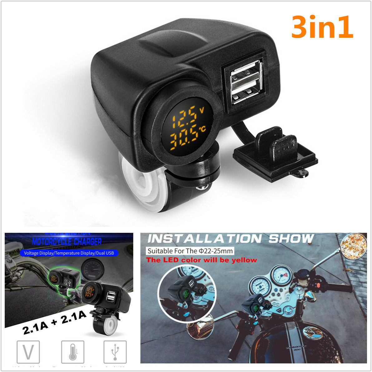 3in1 Universal Motorcycle Dual USB Charger w/ LED Digital Voltmeter +Thermometer