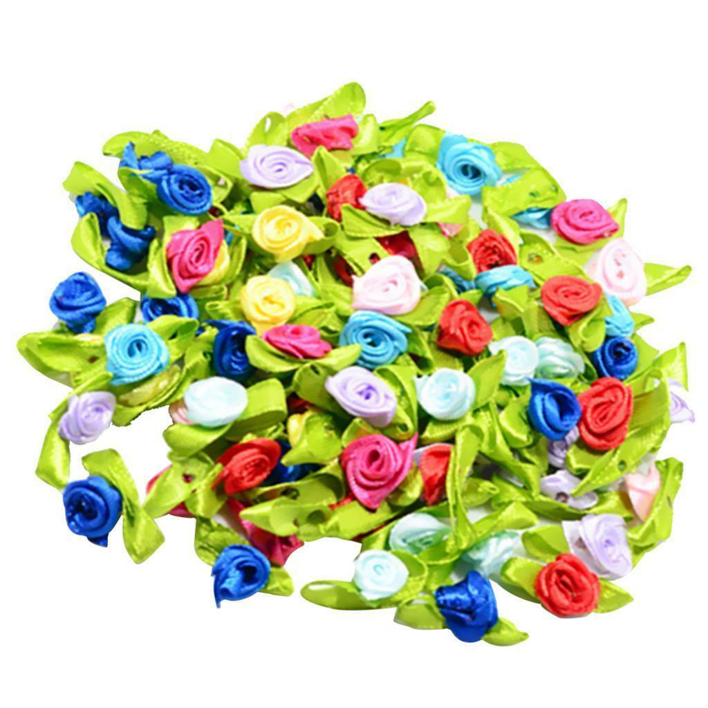 200pcs Satin Tiny Rose Bud Ribbon Decor Flowers Sewing Applique DIY Hairband