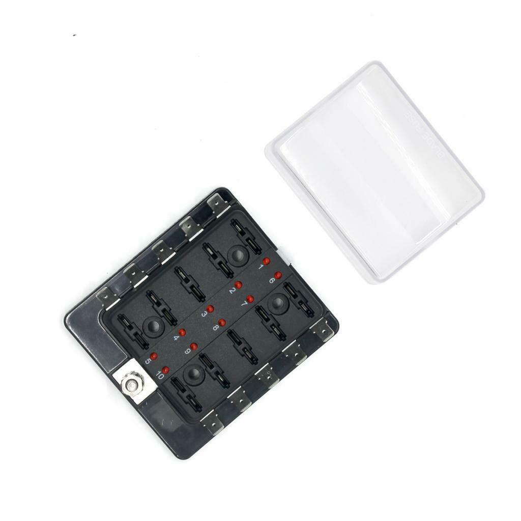10 Way Universal Car Truck Boat Blade Fuse Box Holder Block w/ LED Indicator